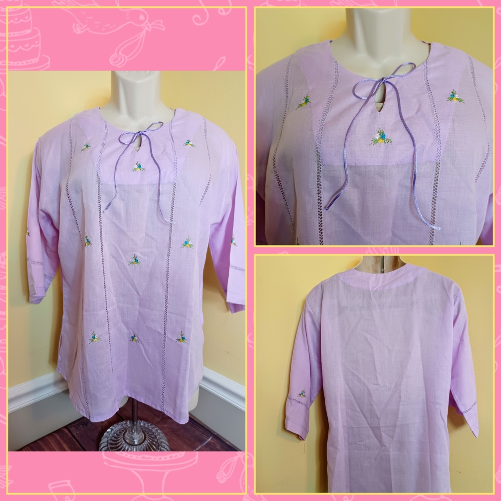 Lavender Embroidered Blouse with Bow Detail